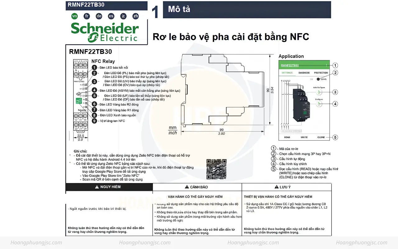 Sơ đồ cấu hình và kích thước rơ le cài đặt bằng NFC RMNF22TB30