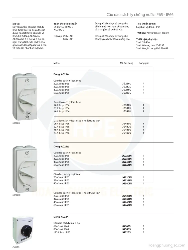 Cầu dao cách ly Isolator Hager