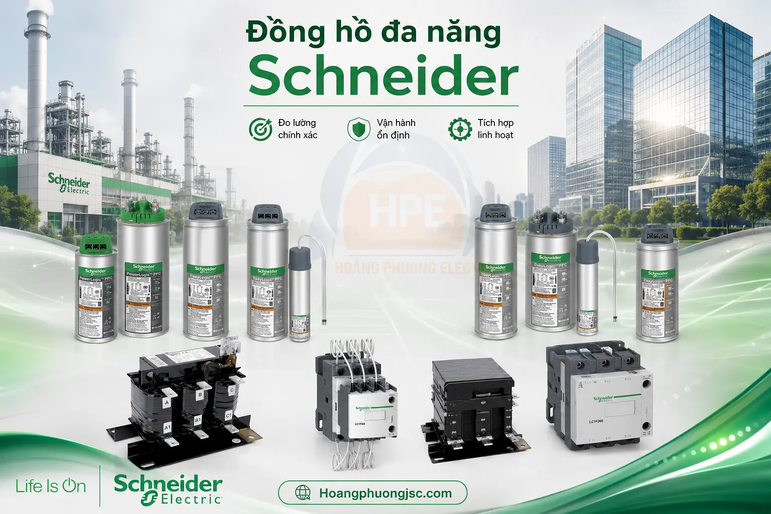 Tụ bù Schneider Electric là thiết bị điện công nghiệp dùng để nâng cao hệ số công suất phản kháng cos phi, giảm tổn thất điện năng và tối ưu hóa lưới điện.