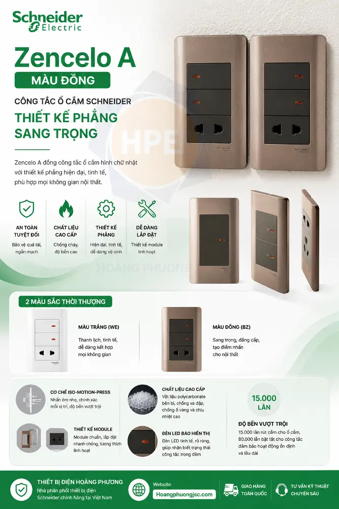 Công tắc ổ cắm Zencelo A màu đồng của Schneider Electric nổi bật với thiết kế phẳng toàn diện (Full-Flat), kiểu dáng siêu mỏng và màu đồng sang trọng.