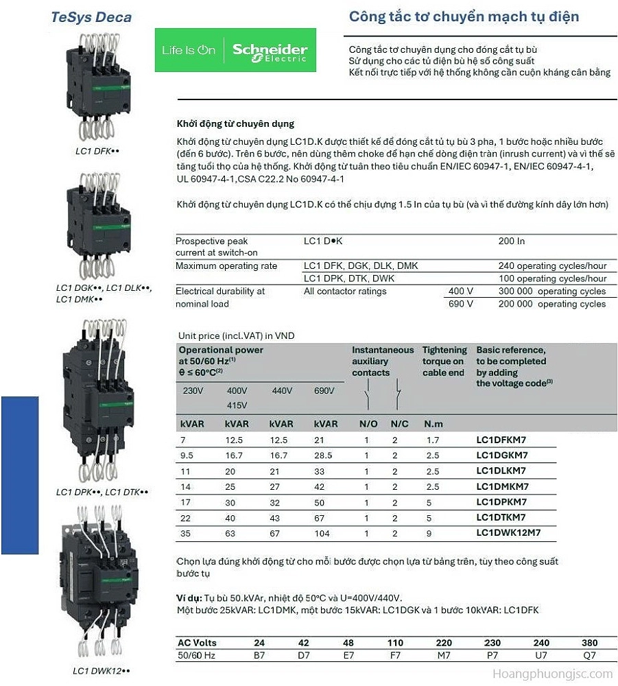 Contactor tụ bù Schneider là thiết bị chuyên dụng dùng để đóng cắt tụ điện trong các tủ điện bù hệ số công suất (PFC) nhằm ổn định lưới điện