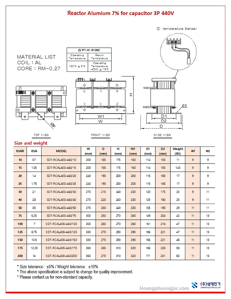 Cuộn kháng SAMDAI 7% 440VAC là thiết bị điện 3 pha dùng cho hệ thống tụ bù hạ thế nhằm bảo vệ tụ và lọc sóng hài