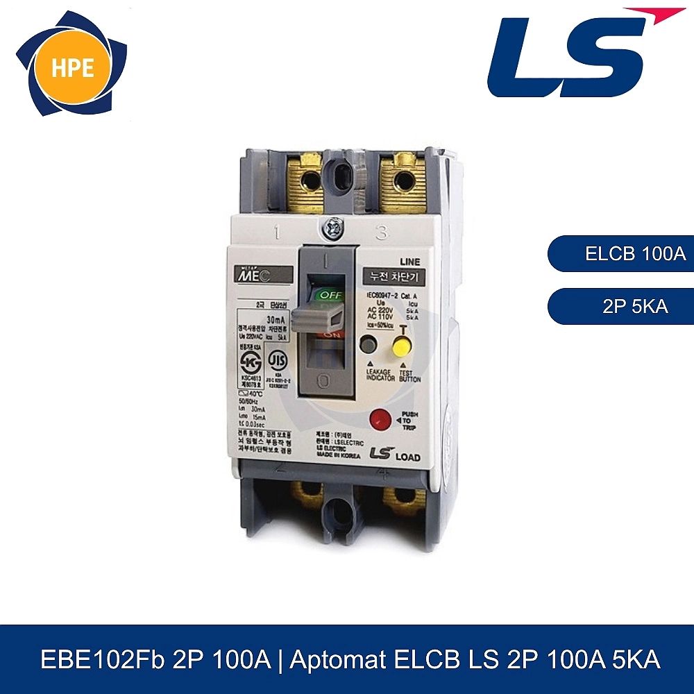 Aptomat chống giật ELCB EBE102Fb 2P 100A 5kA