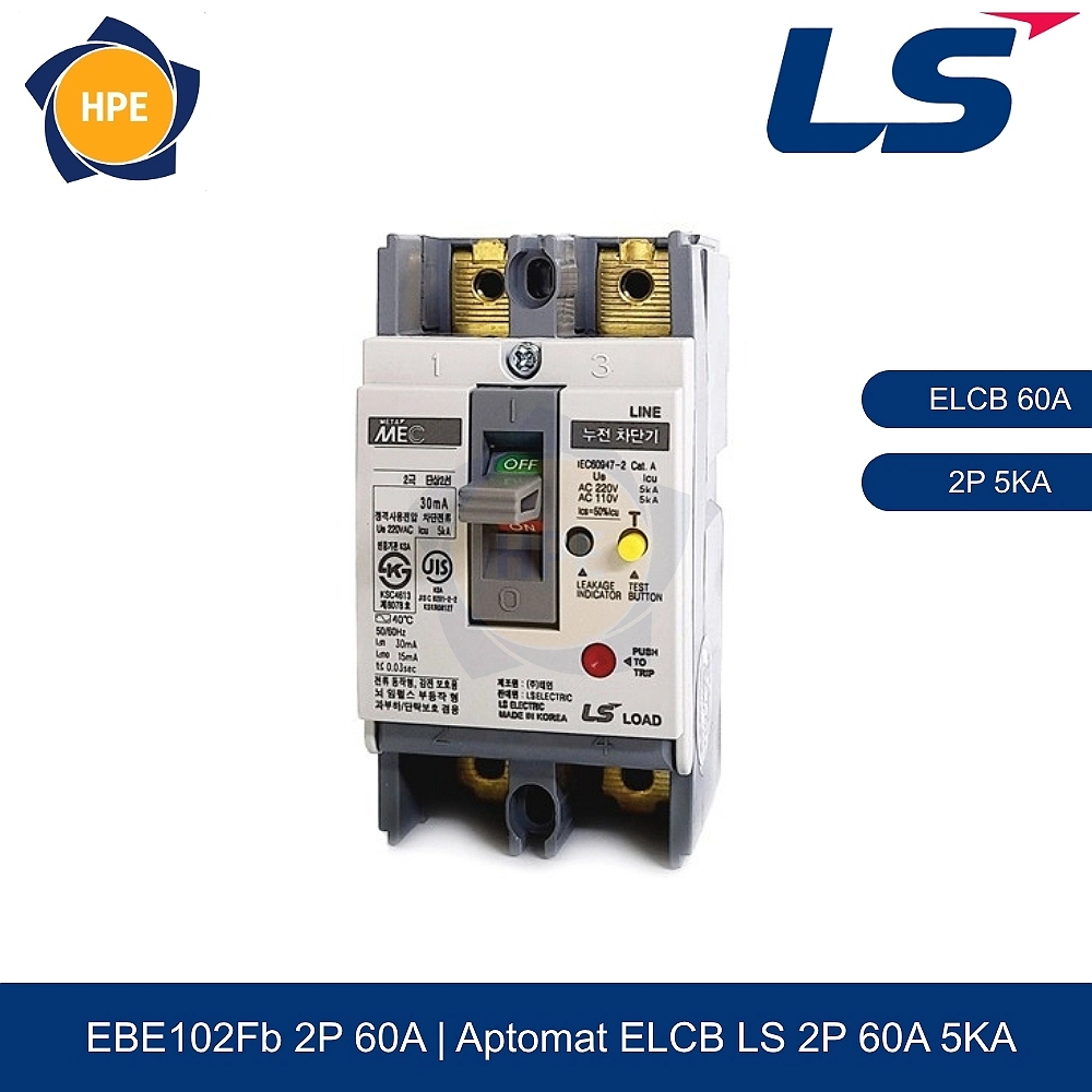 Aptomat chống giật ELCB EBE102Fb 2P 60A 5kA