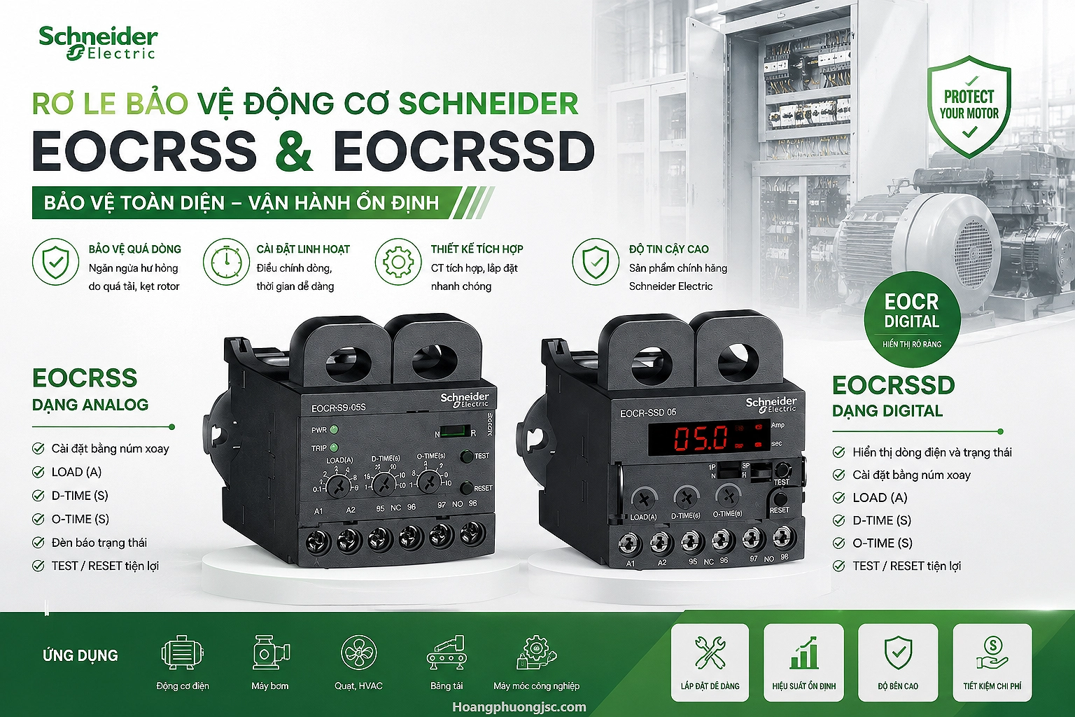Rơ le bảo vệ động cơ Schneider EOCRSS và EOCRSSD giúp giám sát, bảo vệ động cơ. So sánh EOCRSS Analog và EOCRSSD Digital, ứng dụng và cách chọn.