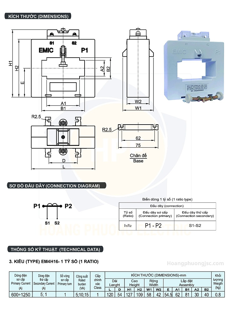EM4H16-1 (800/5A) | Biến dòng vuông Emic 800/5A