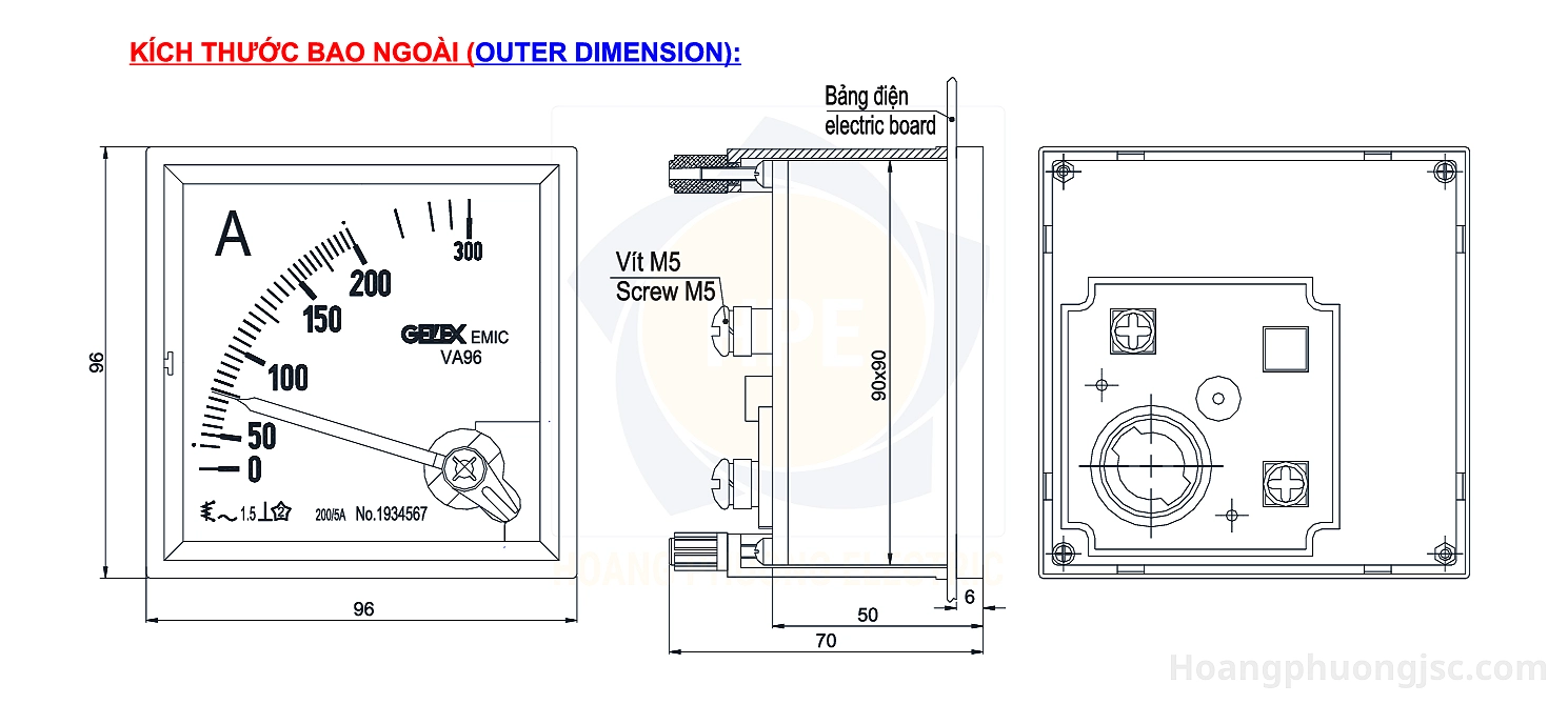 VA96-A (30/5A) | Đồng hồ đo dòng điện Emic 30/5A
