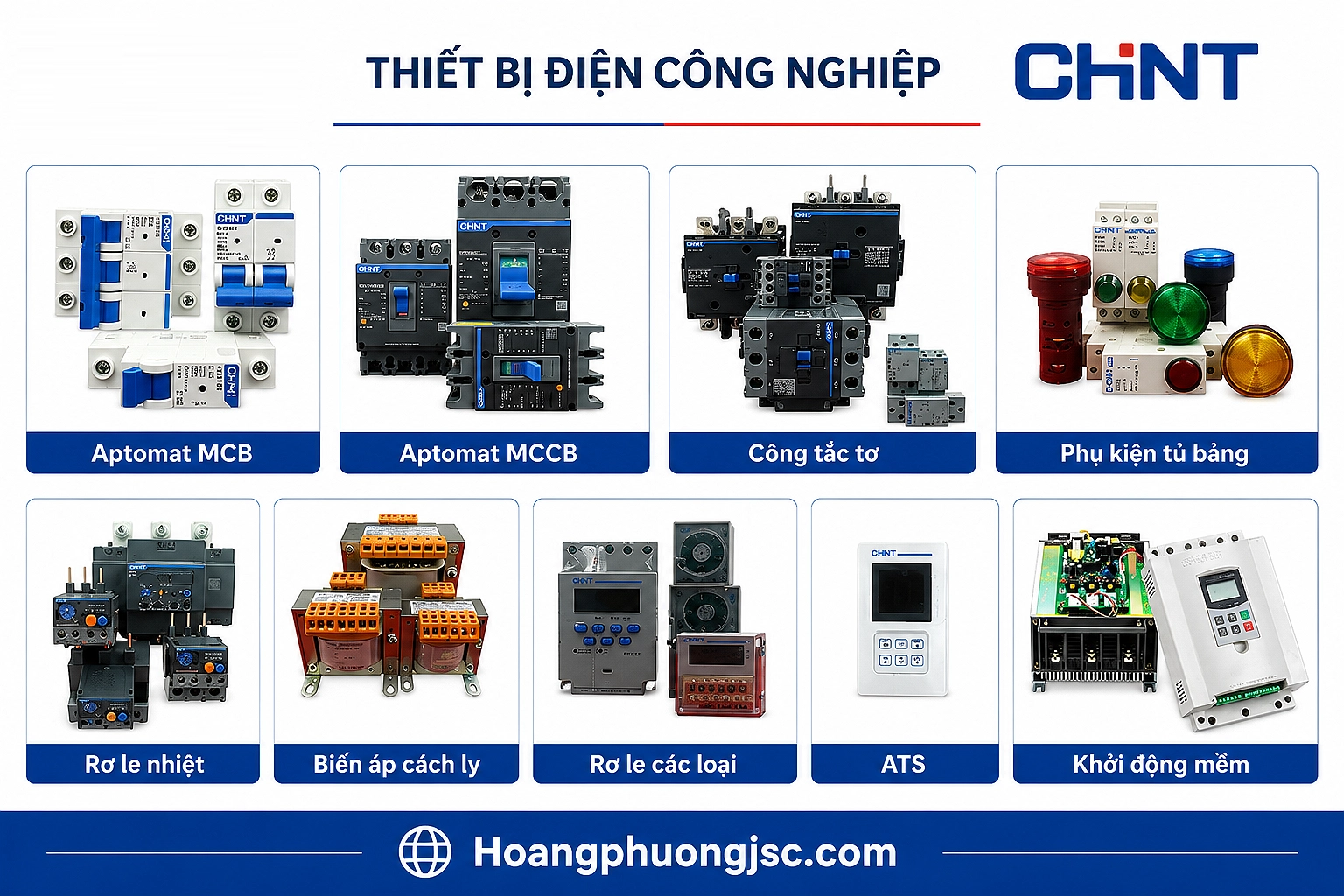 CHINT là thương hiệu sản xuất thiết bị điện và tự động hóa công nghiệp nổi tiếng đến từ Tập đoàn CHINT Trung Quốc, nổi bật với mức giá cạnh tranh, độ bền ổn định và danh mục sản phẩm đa dạng phục vụ cho cả dân dụng lẫn công nghiệp.
