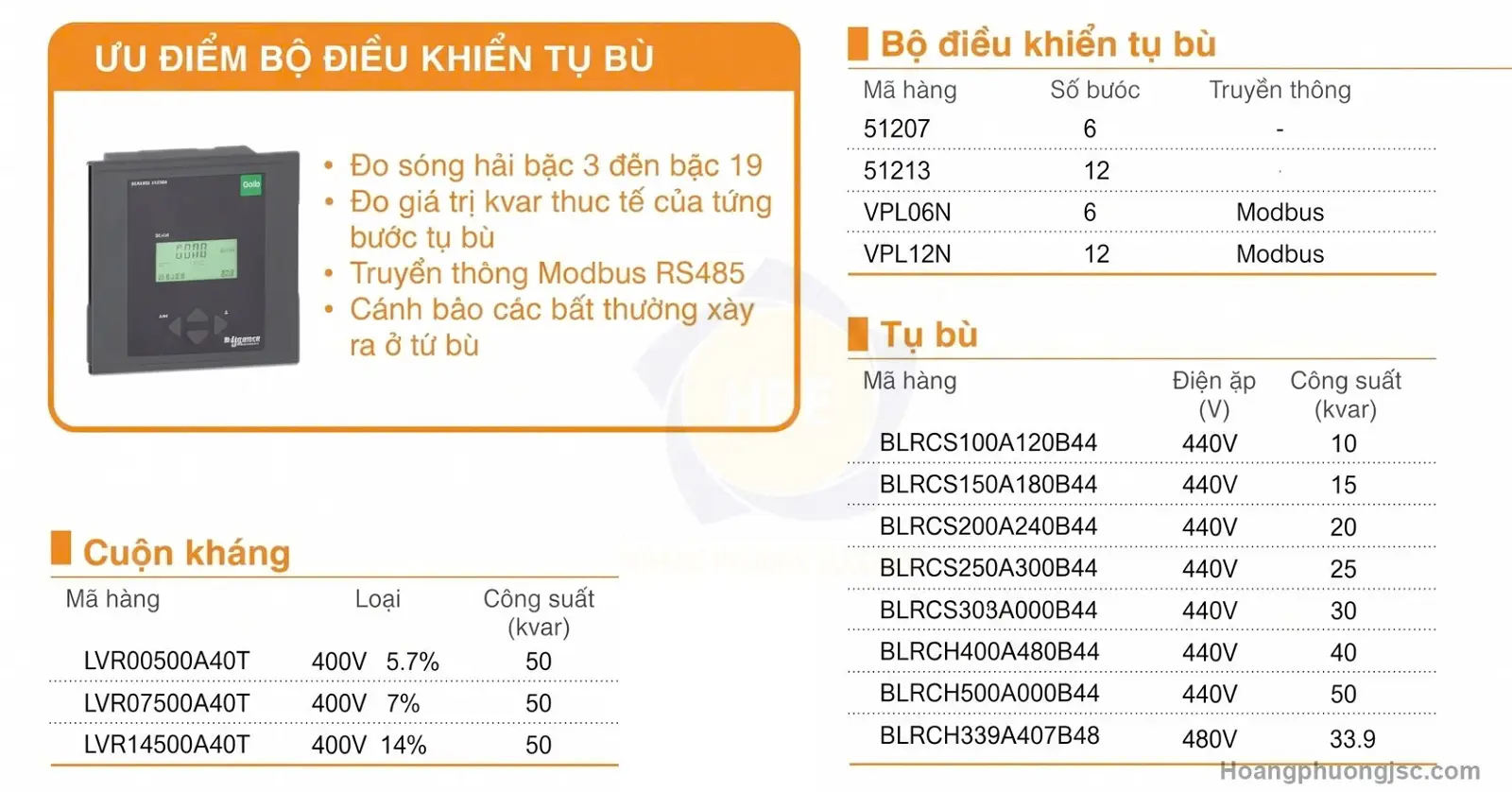 Tụ bù Schneider, bộ điều khiển và cuộn kháng dùng cho tủ bù công suất phản kháng, nâng hệ số công suất, quản lý cấp tụ và hạn chế ảnh hưởng sóng hài.