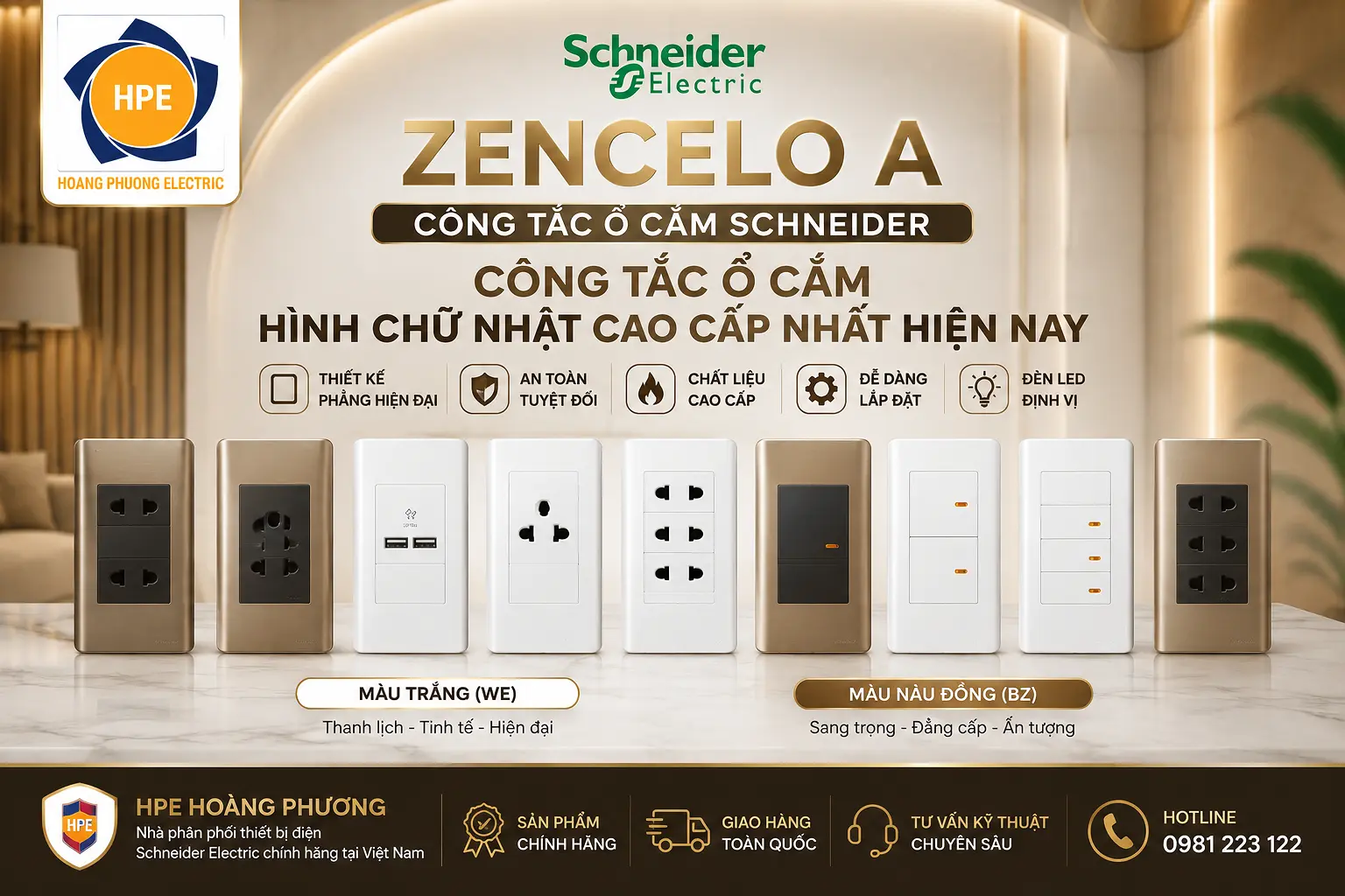 Công tắc ổ cắm Zencelo A Schneider là thiết bị điện cao cấp nổi bật với thiết kế phẳng toàn diện (Full-Flat). Sản phẩm mang lại vẻ đẹp sang trọng, tinh tế cho các căn hộ, biệt thự và khách sạn hiện đại nhờ cơ chế bật tắt tại chỗ và độ bền cao.