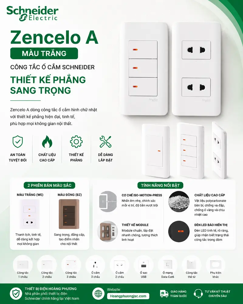 Công tắc ổ cắm Zencelo A màu trắng Schneider thiết kế phẳng tinh tế, kiểu dáng chữ nhật hiện đại, phù hợp căn hộ, biệt thự, khách sạn và văn phòng.