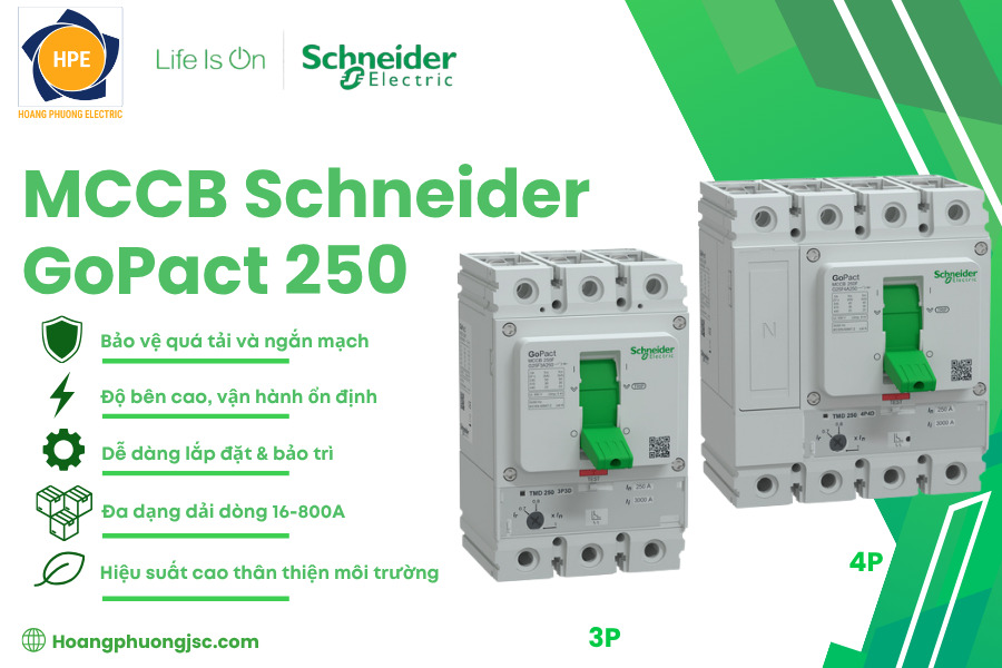 GoPact MCCB 250 Schneider là aptomat khối có dải dòng định mức 40A–200A, được thiết kế cho các hệ thống phân phối điện hạ thế cần khả năng bảo vệ linh hoạt.