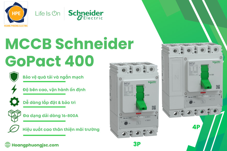 GoPact MCCB 400 Schneider là aptomat khối với dải dòng định mức 250A–400A, được thiết kế cho các hệ thống phân phối điện hạ áp cần khả năng bảo vệ và đóng cắt linh hoạt. Dòng sản phẩm cung cấp các lựa chọn 250A, 320A và 400A, phù hợp cho các ứng dụng phân phối điện trong công trình thương mại, công nghiệp và tủ điện hạ áp.