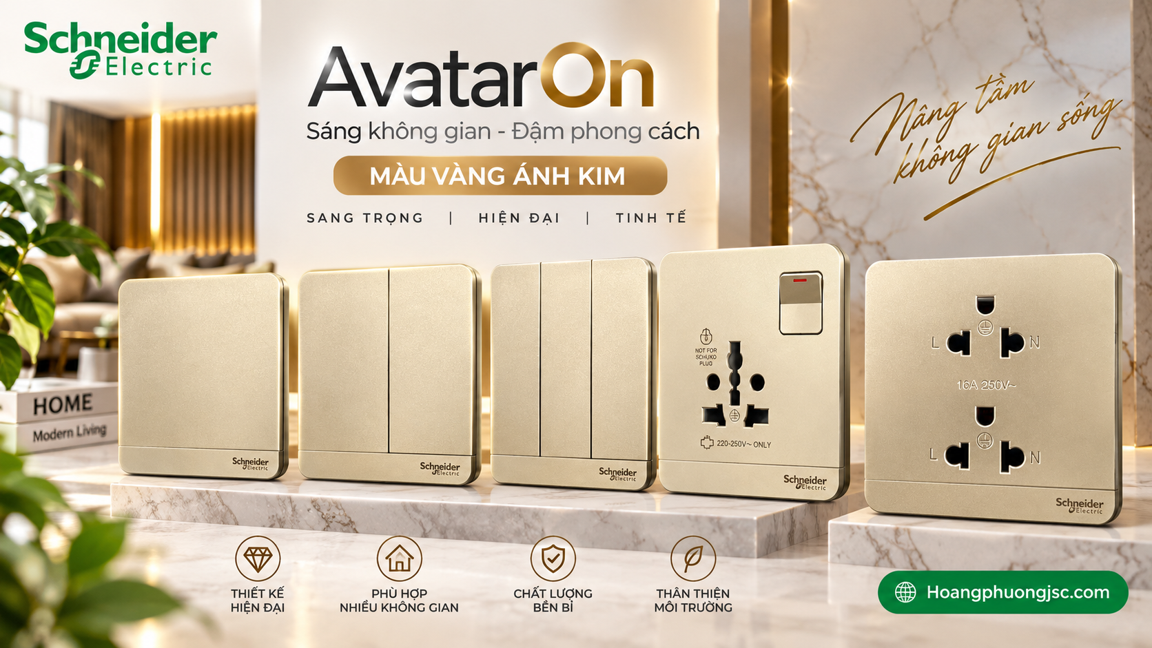 Công tắc Schneider AvatarOn màu vàng ánh kim màu vàng ánh kim là dòng sản phẩm thiết bị điện cao cấp có thiết kế phẳng liền mạch sang trọng và tích hợp đèn LED định vị ẩn tinh tế.