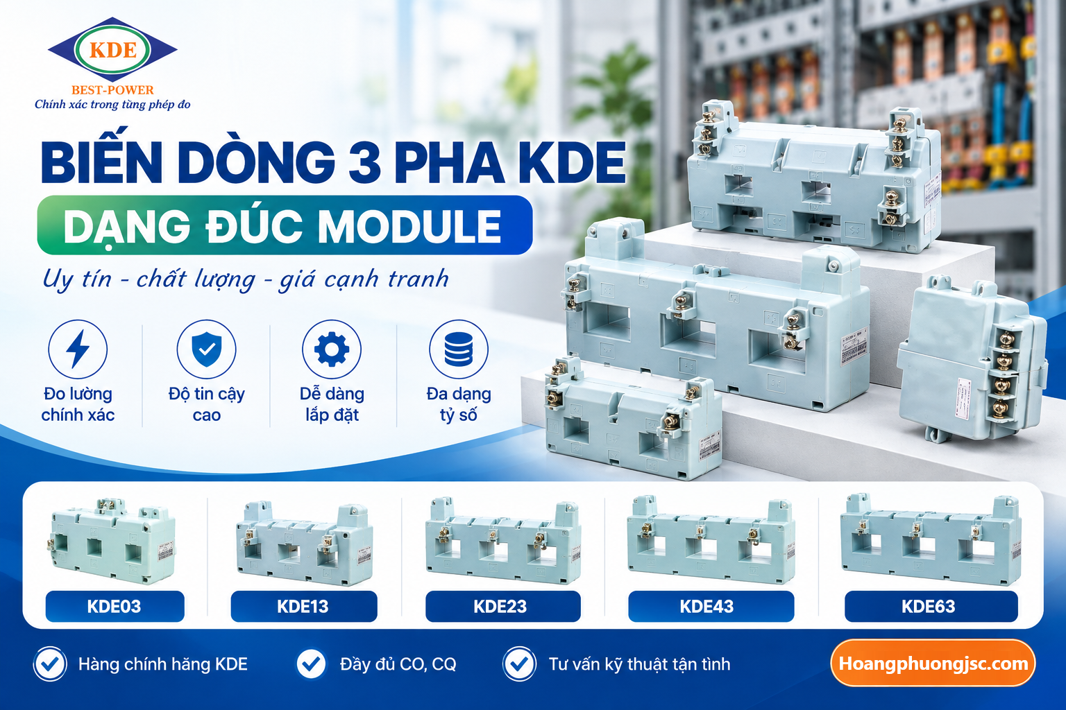 Biến dòng 3 pha KDE (Current Transformer) là thiết bị đo lường dạng khối nguyên cụm gồm 3 cảm biến tích hợp trong một hộp nhựa duy nhất, do thương hiệu KDE Electric sản xuất tại Việt Nam.