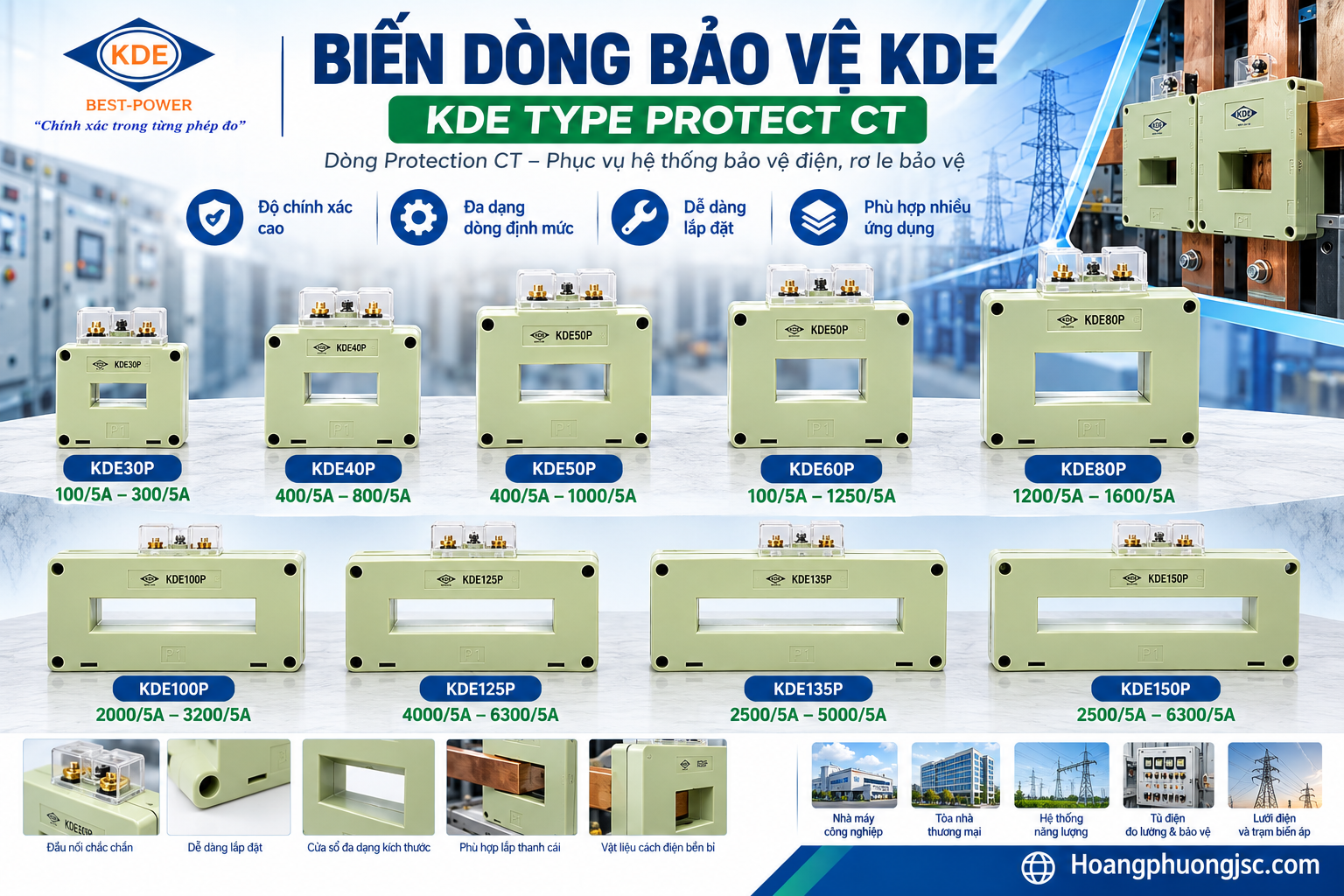 Biến dòng bảo vệ PCT (Protection Current Transformer) là thiết bị điện chuyên dụng dùng để hạ dòng điện lớn ở mạch sơ cấp xuống giá trị tiêu chuẩn an toàn (thường là 5A hoặc 1A) để cung cấp tín hiệu cho các thiết bị rơ-le bảo vệ