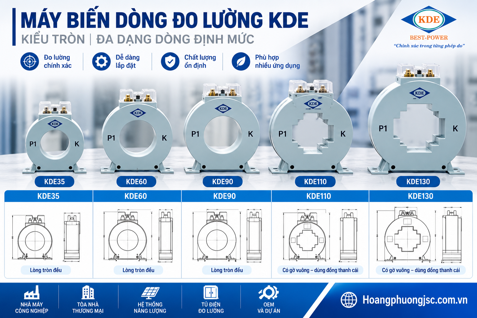 Biến dòng KDE tròn là thiết bị biến dòng hạ thế dạng lỗ tròn của thương hiệu KDE Electric (Việt Nam), dùng để đo lường, giám sát và quản lý năng lượng trong các tủ điện phân phối.