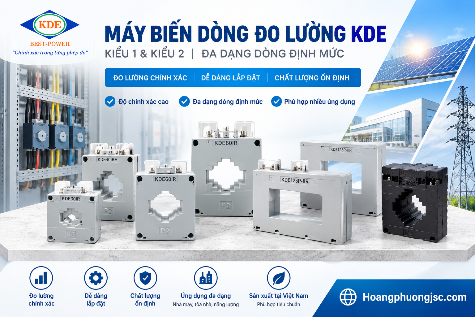 Biến dòng KDE là dòng thiết bị biến dòng điện (Current Transformer - CT) chất lượng cao thương hiệu Việt Nam, chuyên dùng trong hệ thống điện hạ thế để chuyển đổi dòng điện lớn thành dòng điện nhỏ tiêu chuẩn (5A hoặc 1A) phục vụ cho đồng hồ đo điện, power meter hay thiết bị giám sát.