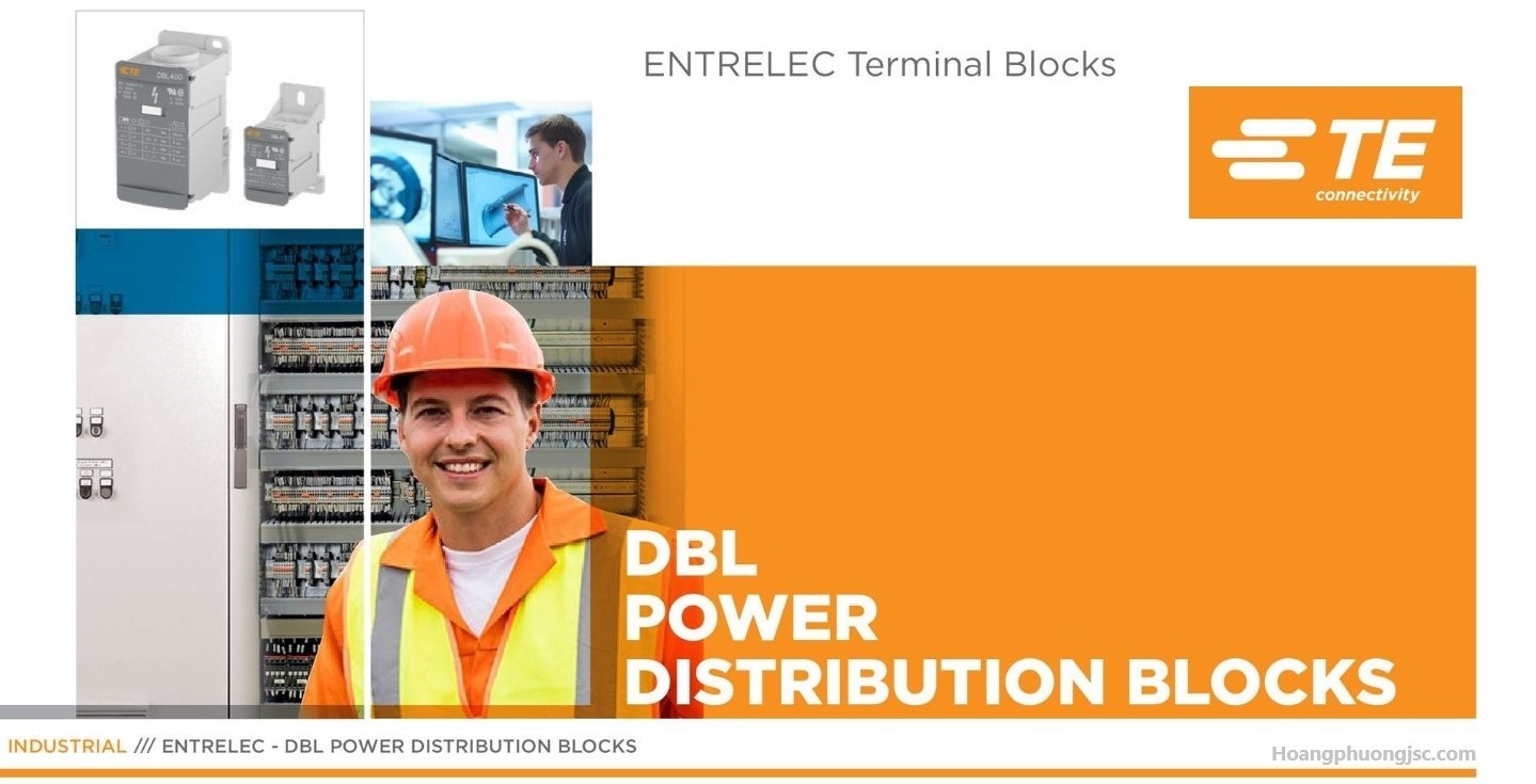 Power Distribution Blocks DBL của TE Connectivity / Entrelec) là phụ kiện lắp tủ điện dùng để chia dây nguồn chính từ aptomat (CB) tổng ra các CB nhánh.