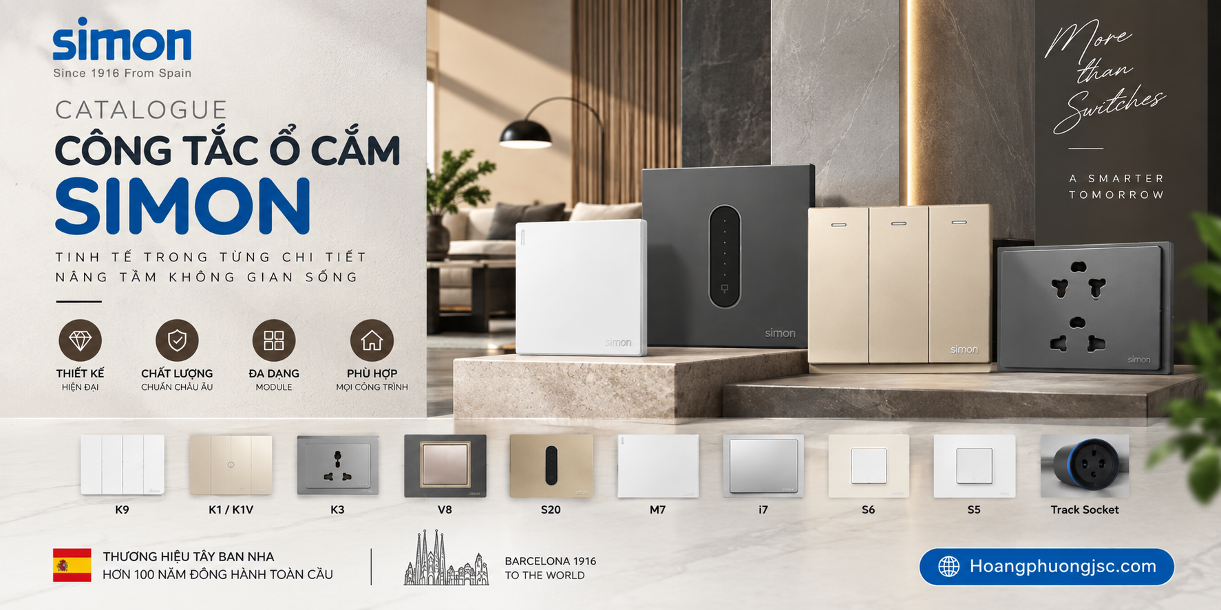 Công tắc ổ cắm Simon tại Việt Nam là dòng thiết bị điện cao cấp có xuất xứ từ Tây Ban Nha, nổi bật với thiết kế sang trọng, độ bền cao và đa dạng mẫu mã