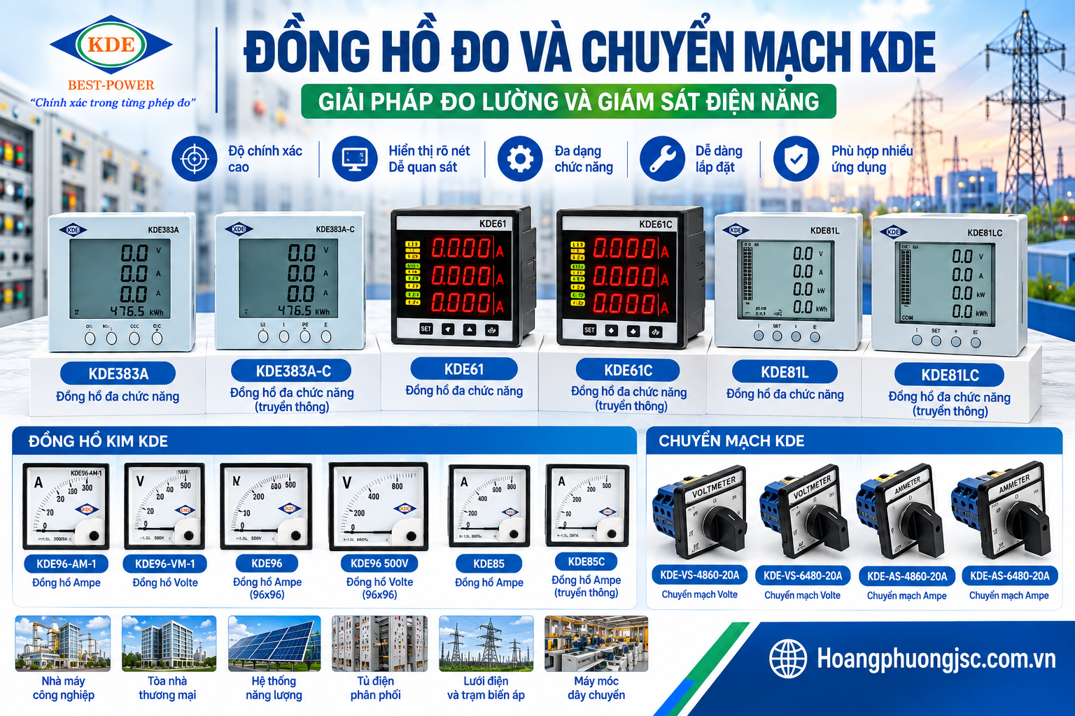 Đồng hồ KDE là thiết bị đo lường điện năng và thông số điện (như điện áp, dòng điện, tần số, công suất) chính hãng thương hiệu KDE Electric, chuyên dùng cho tủ điện công nghiệp và dân dụng