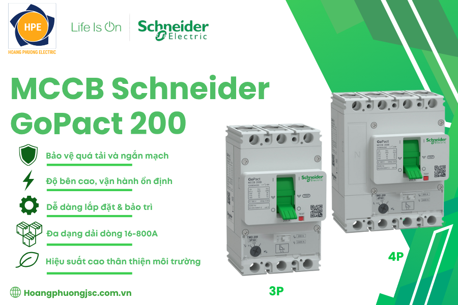 GoPact MCCB 200 Schneider GoPact MCCB 200 Schneider là aptomat khối có dải dòng định mức 40A–200A, được thiết kế cho các hệ thống phân phối điện hạ thế cần khả năng bảo vệ linh hoạt.