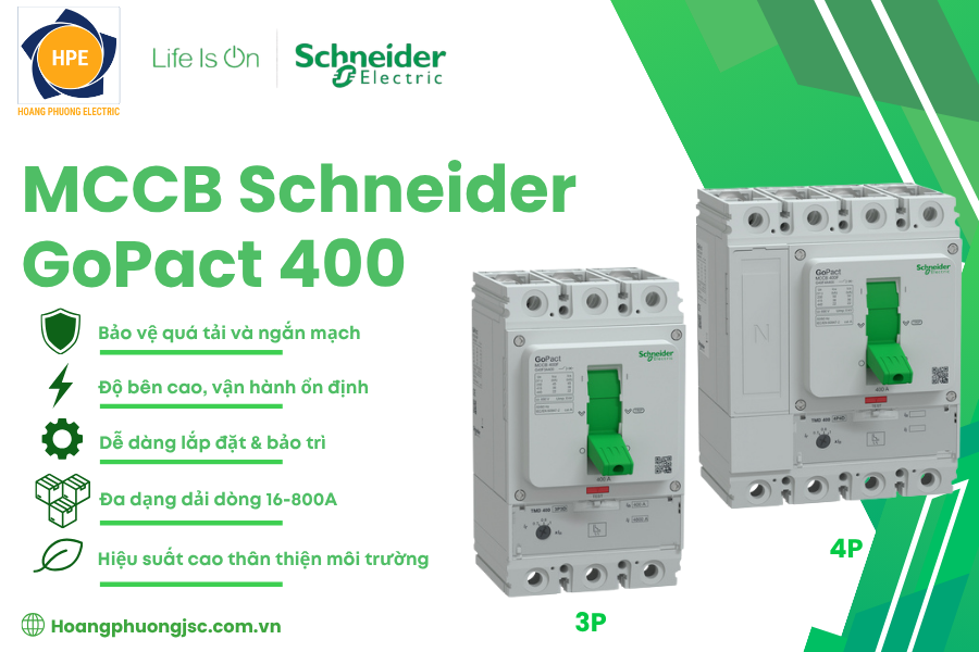 GoPact MCCB 400 Schneider là aptomat khối có dải dòng định mức 250A–400A, phù hợp cho hệ thống phân phối và bảo vệ điện công suất lớn hơn.