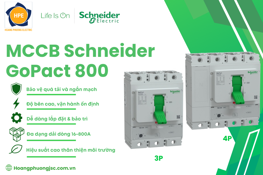 GoPact MCCB 800 Schneider là aptomat khối công suất lớn trong dòng GoPact, có dải dòng định mức 500A–800A, phù hợp cho hệ thống phân phối điện chính.