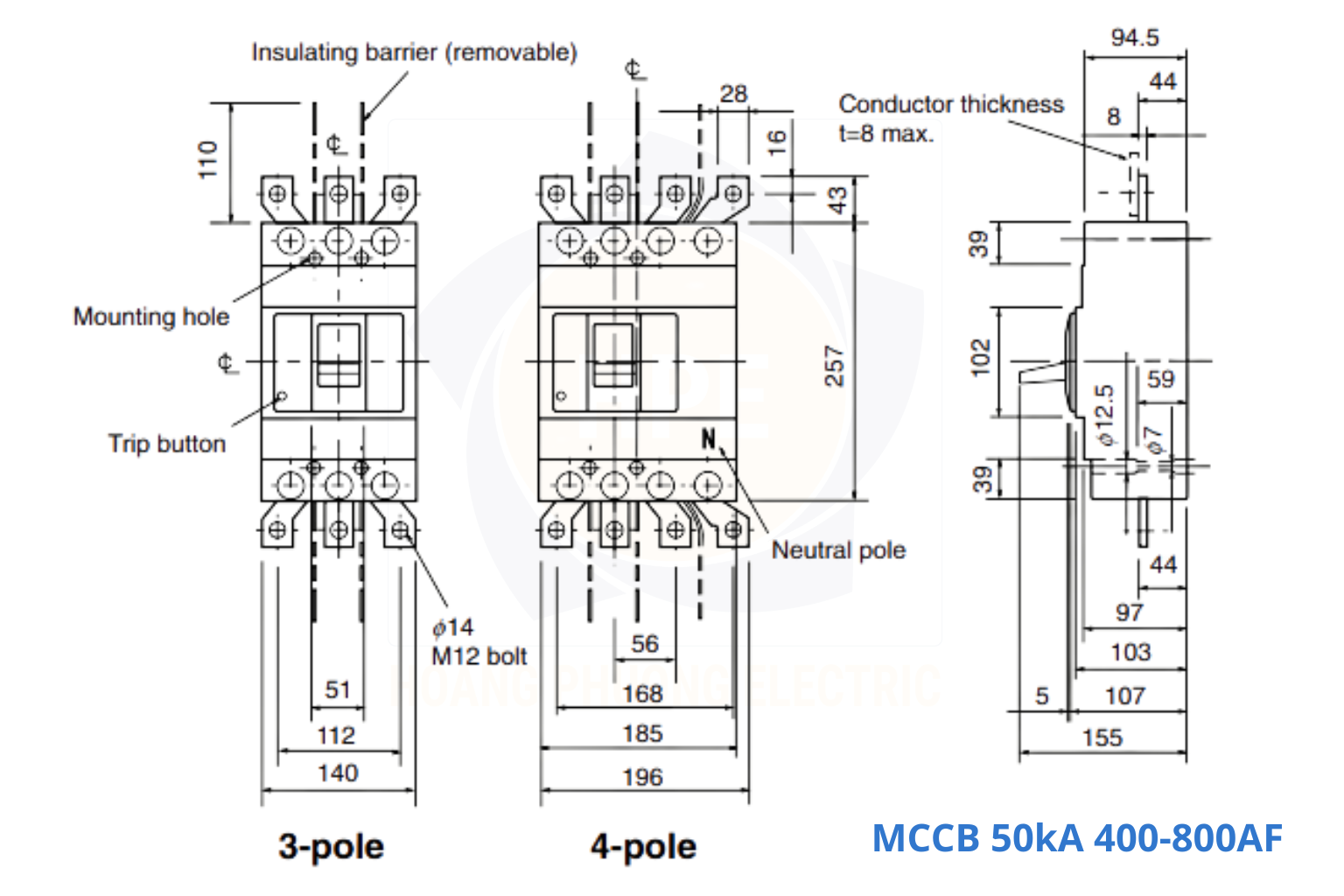 Kích thước MCCB 50kA Panasonic chính hãng