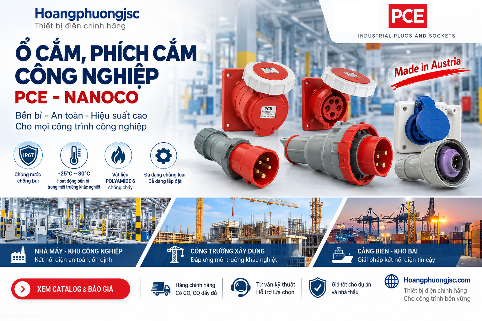 Ổ cắm và phích cắm công nghiệp PCE là dòng sản phẩm thiết bị điện cao cấp được sản xuất tại Áo (Austria), đạt tiêu chuẩn chất lượng châu Âu, chuyên dùng cho các hệ thống điện công nghiệp nặng có yêu cầu an toàn khắt khe.