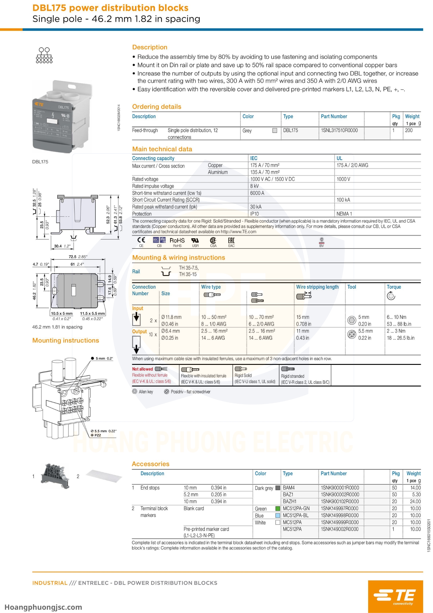 Cầu đấu chia nguồn TE (còn gọi là khối phân phối nguồn hay Power Distribution Blocks DBL của TE Connectivity / Entrelec) là phụ kiện lắp tủ điện dùng để chia dây nguồn chính từ aptomat (CB) tổng ra các CB nhánh.