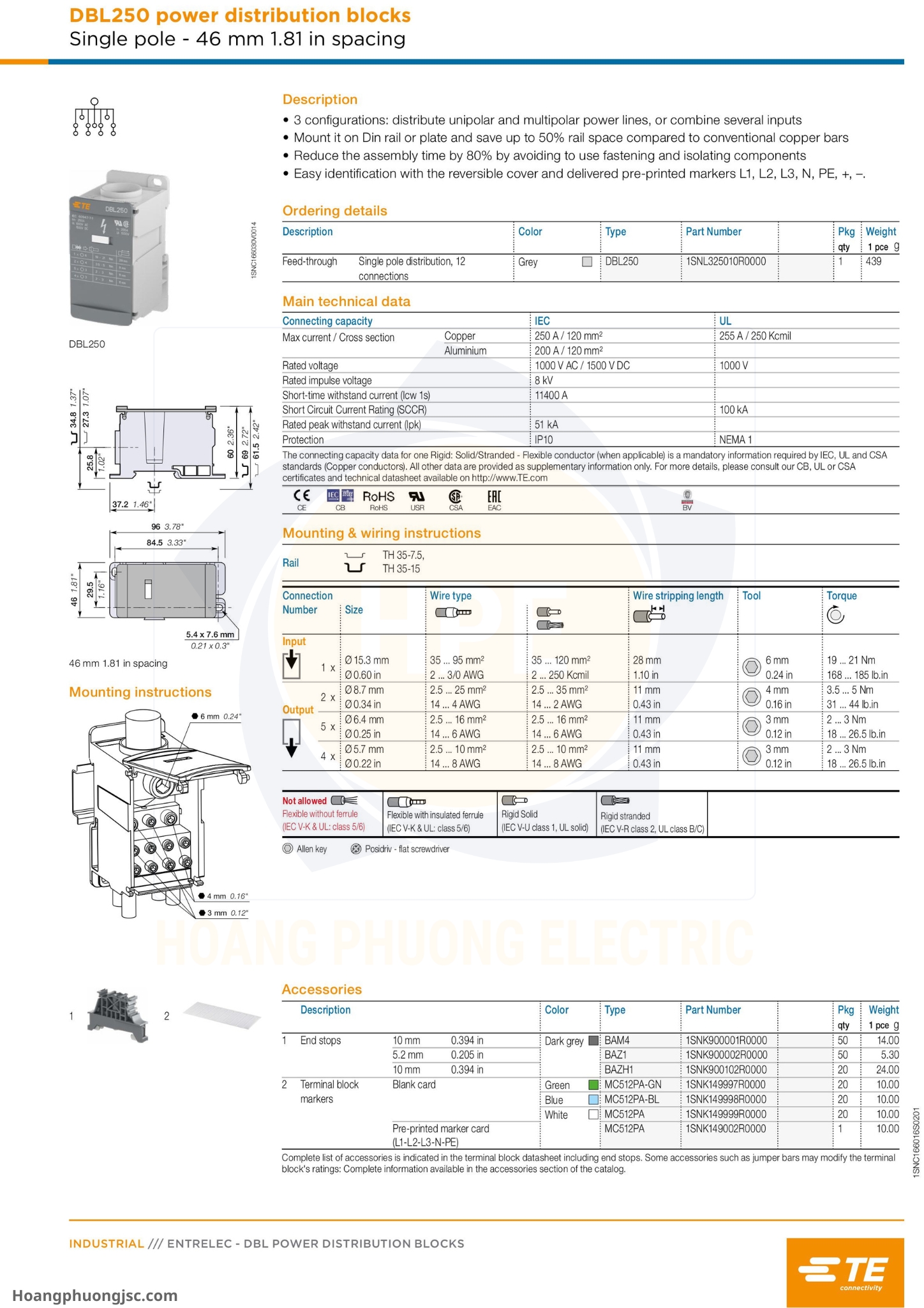 Cầu đấu chia nguồn TE (còn gọi là khối phân phối nguồn hay Power Distribution Blocks DBL của TE Connectivity / Entrelec) là phụ kiện lắp tủ điện dùng để chia dây nguồn chính từ aptomat (CB) tổng ra các CB nhánh.