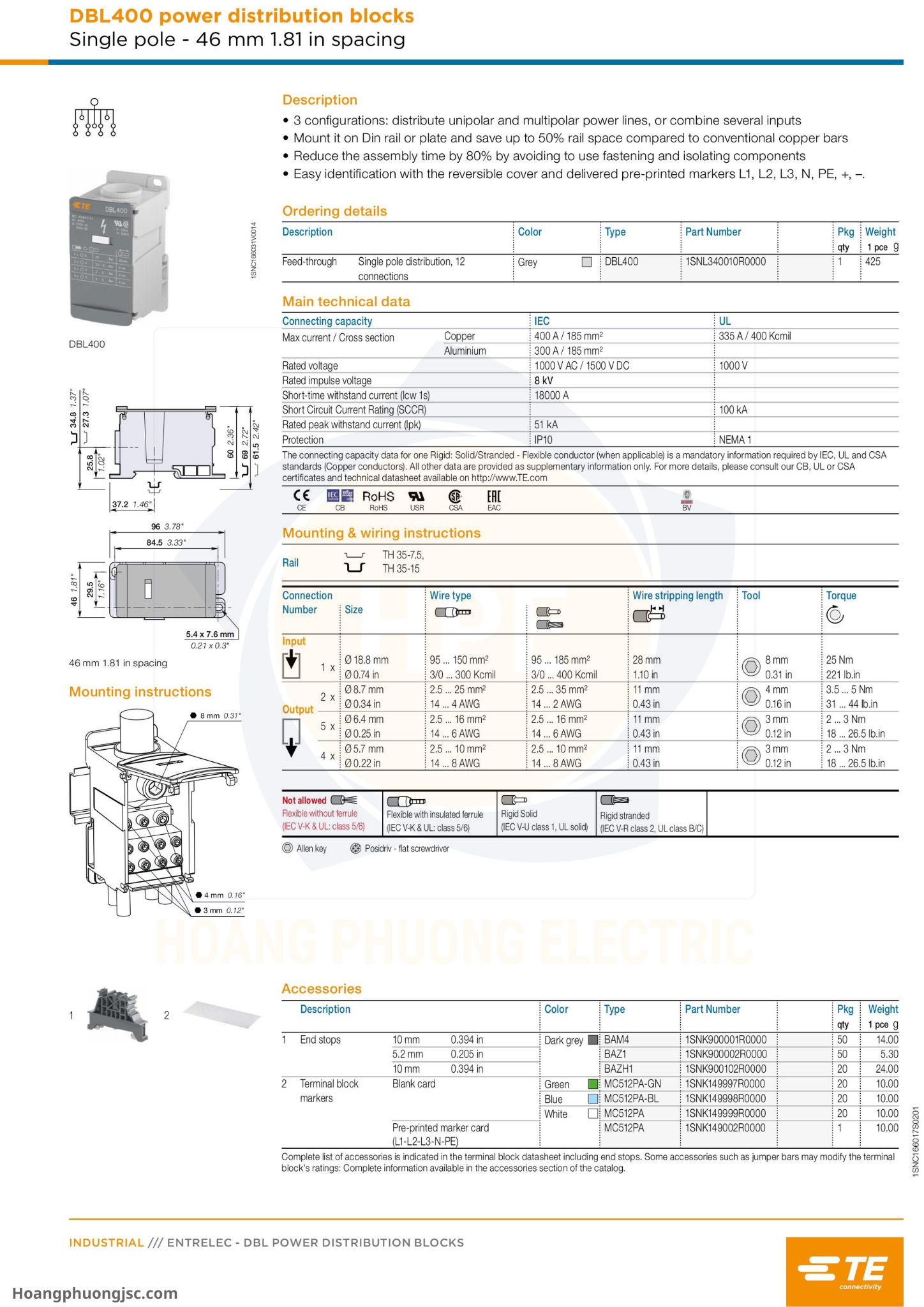 Cầu đấu chia nguồn TE (còn gọi là khối phân phối nguồn hay Power Distribution Blocks DBL của TE Connectivity / Entrelec) là phụ kiện lắp tủ điện dùng để chia dây nguồn chính từ aptomat (CB) tổng ra các CB nhánh.