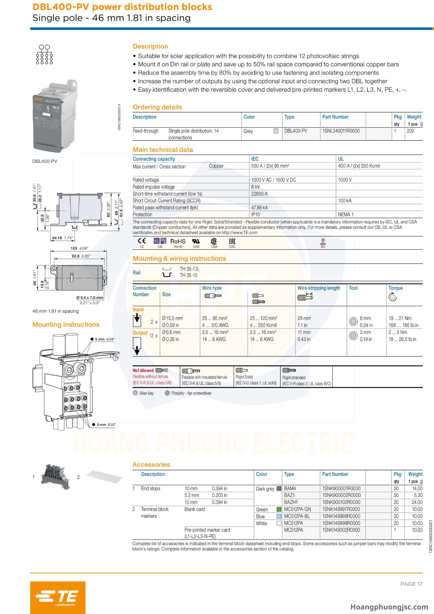Cầu đấu chia nguồn TE (còn gọi là khối phân phối nguồn hay Power Distribution Blocks DBL của TE Connectivity / Entrelec) là phụ kiện lắp tủ điện dùng để chia dây nguồn chính từ aptomat (CB) tổng ra các CB nhánh.