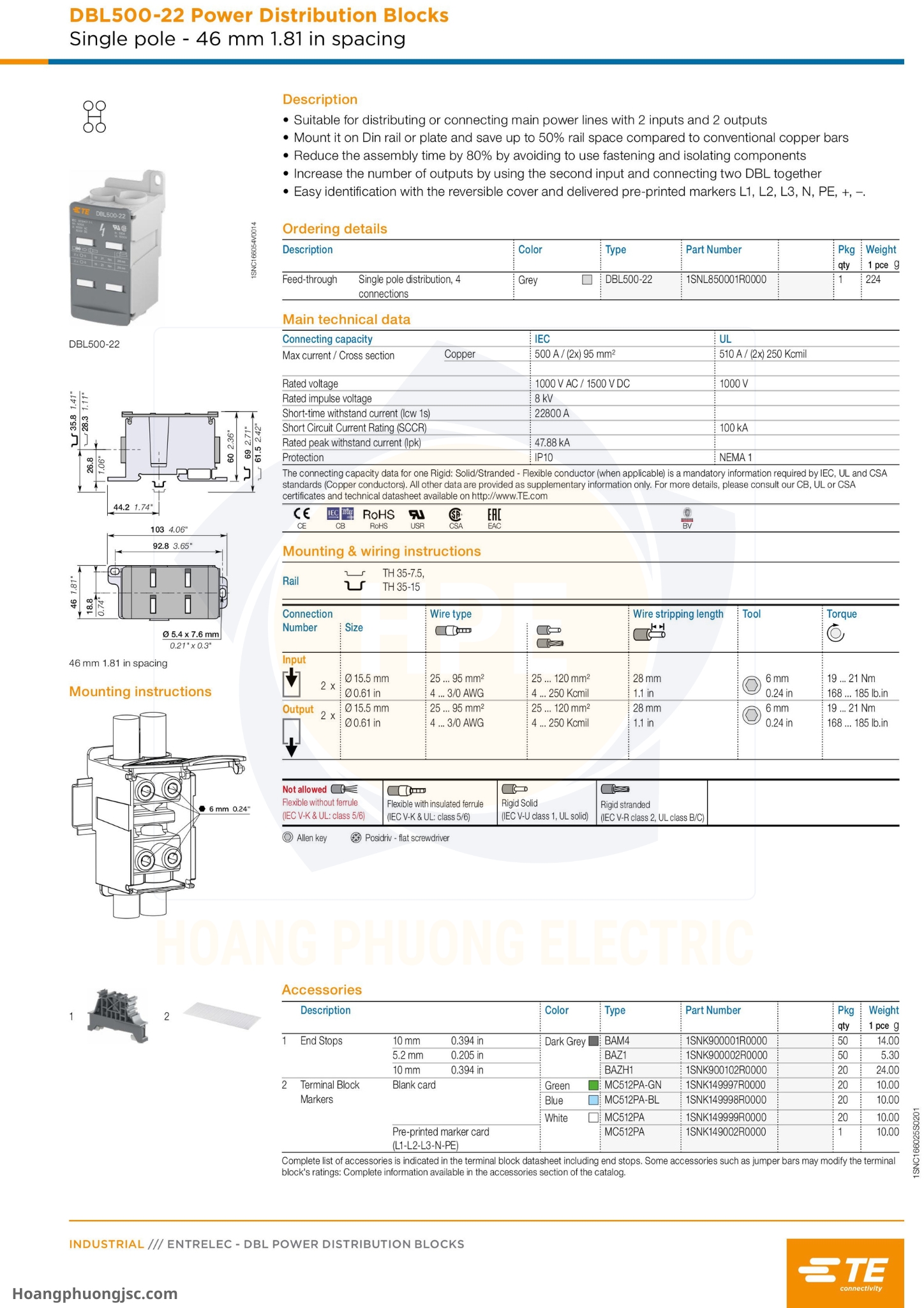 Cầu đấu chia nguồn TE (còn gọi là khối phân phối nguồn hay Power Distribution Blocks DBL của TE Connectivity / Entrelec) là phụ kiện lắp tủ điện dùng để chia dây nguồn chính từ aptomat (CB) tổng ra các CB nhánh.