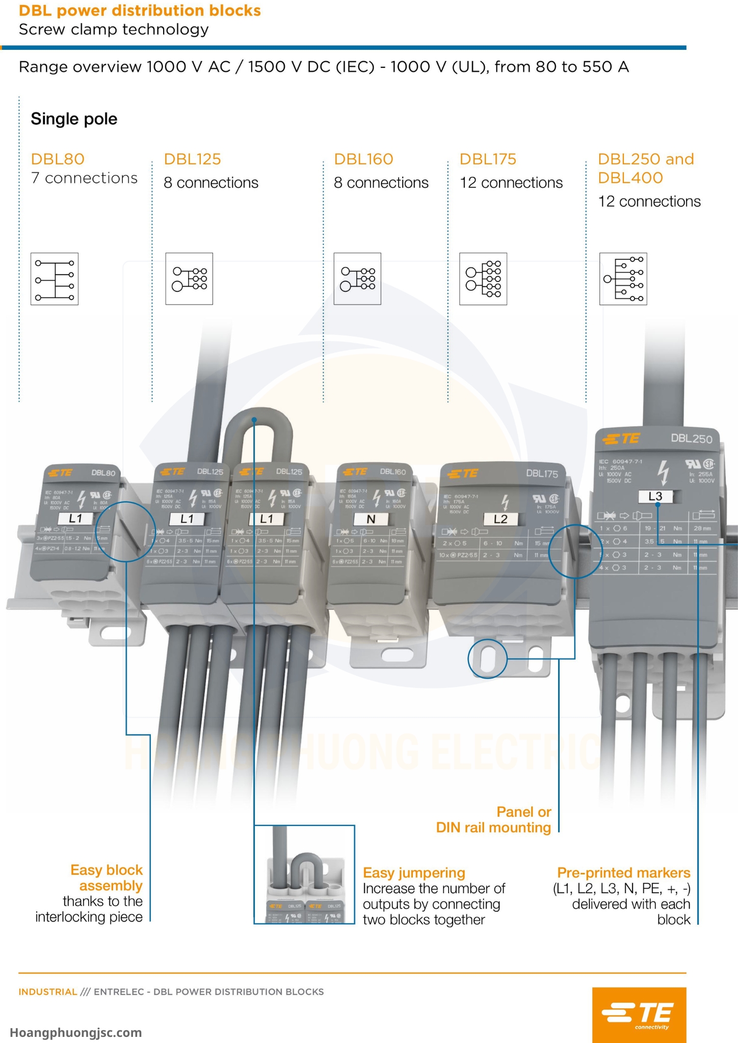 Cầu đấu chia nguồn TE (còn gọi là khối phân phối nguồn hay Power Distribution Blocks DBL của TE Connectivity / Entrelec) là phụ kiện lắp tủ điện dùng để chia dây nguồn chính từ aptomat (CB) tổng ra các CB nhánh.