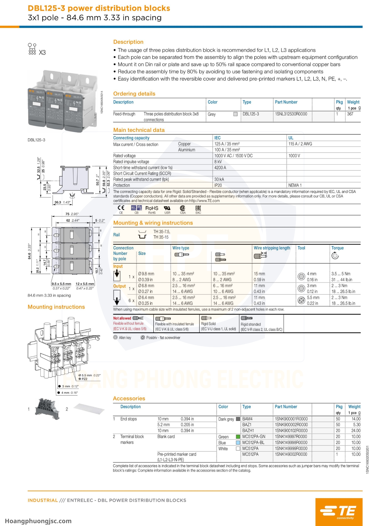 Cầu đấu chia nguồn TE (còn gọi là khối phân phối nguồn hay Power Distribution Blocks DBL của TE Connectivity / Entrelec) là phụ kiện lắp tủ điện dùng để chia dây nguồn chính từ aptomat (CB) tổng ra các CB nhánh.