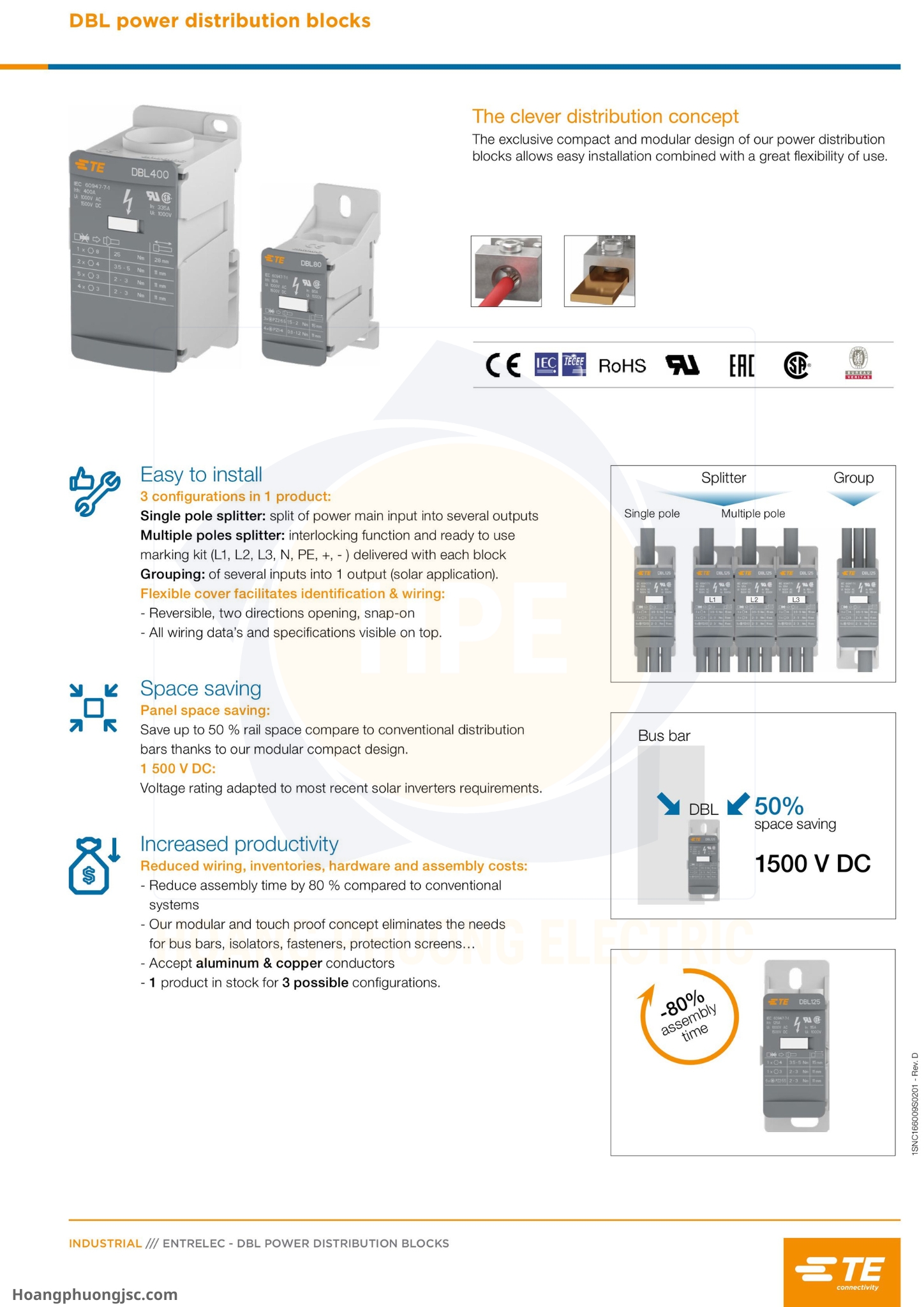 Cầu đấu chia nguồn TE (còn gọi là khối phân phối nguồn hay Power Distribution Blocks DBL của TE Connectivity / Entrelec) là phụ kiện lắp tủ điện dùng để chia dây nguồn chính từ aptomat (CB) tổng ra các CB nhánh.