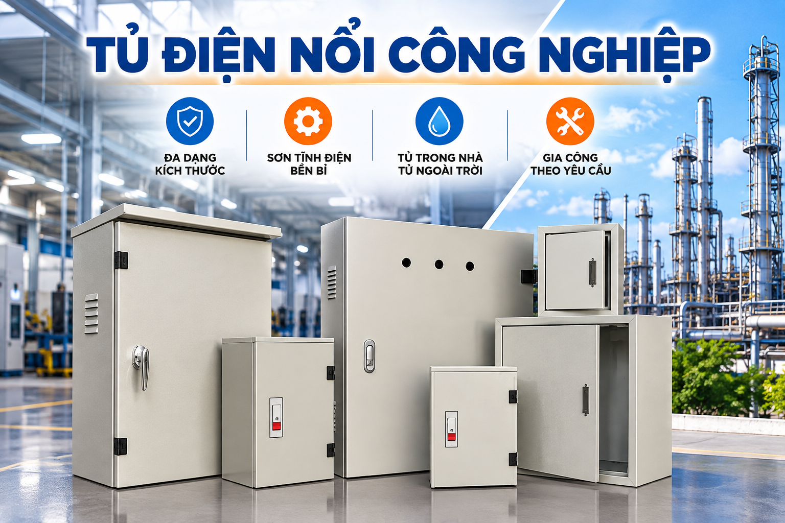 Vỏ tủ điện công nghiệp là khung hộp kim loại hoặc nhựa dùng để chứa, bảo vệ và sắp xếp các thiết bị điện như aptomat, biến tần, rơ-le và bộ điều khiển PLC