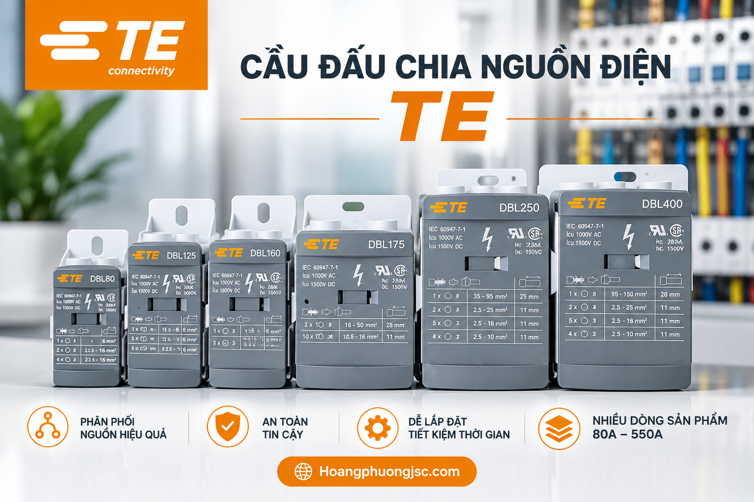 Cầu đấu chia nguồn điện TE là giải pháp đáng chú ý khi cần phân phối một đường nguồn thành nhiều nhánh trong tủ điện. Dòng ENTRELEC DBL Power Distribution Blocks có thiết kế module nhỏ gọn và nhiều mức dòng khác nhau.