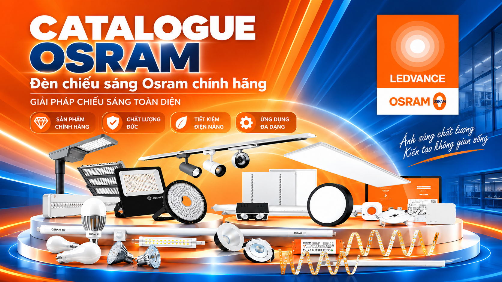 Đèn chiếu sáng OSRAM tại Việt Nam gồm đèn dân dụng, Spotlight, Downlight, Highbay, Floodlight và đèn trang trí. Xem Catalogue OSRAM mới nhất.