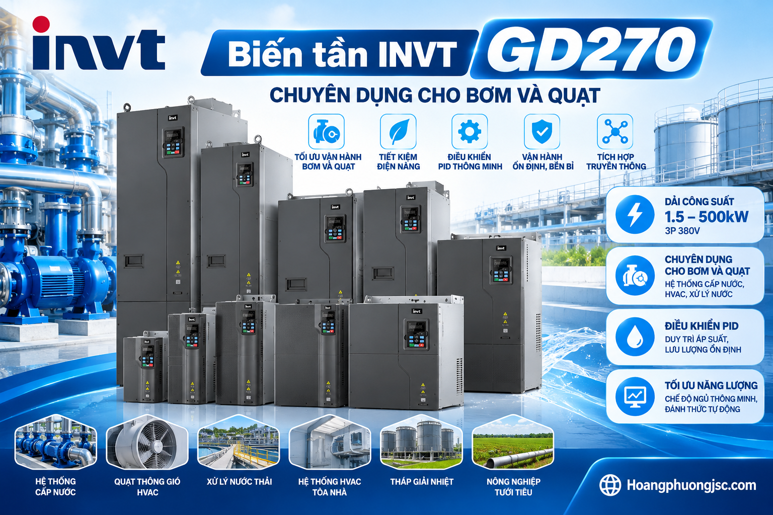 Khám phá biến tần INVT GD270 Goodrive270 cho bơm, quạt và HVAC. Tra cứu mã hàng, công suất, chức năng PID và giải pháp tiết kiệm điện.