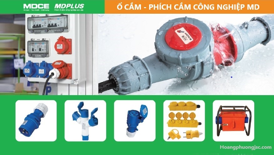 Ổ cắm công nghiệp MDCE, MDPLUS gồm dòng 16A, 32A, 63A, 125A, chuẩn IP44, IP54, IP67, phù hợp nhà xưởng, công trường và tủ điện.