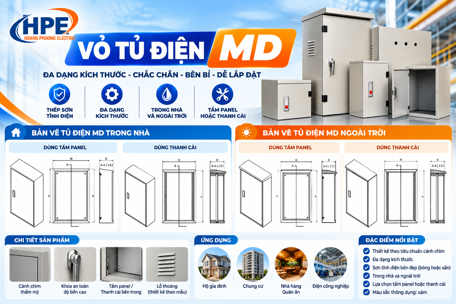 Tủ điện sắt sơn tĩnh điện hãng MD (thường dùng làm vỏ tủ điện trong nhà/âm tường) có kết cấu chắc chắn bằng thép tôn phủ sơn tĩnh điện màu ghi xám, thiết kế tiêu chuẩn chứa tấm panel gắn thiết bị và khóa an toàn.
