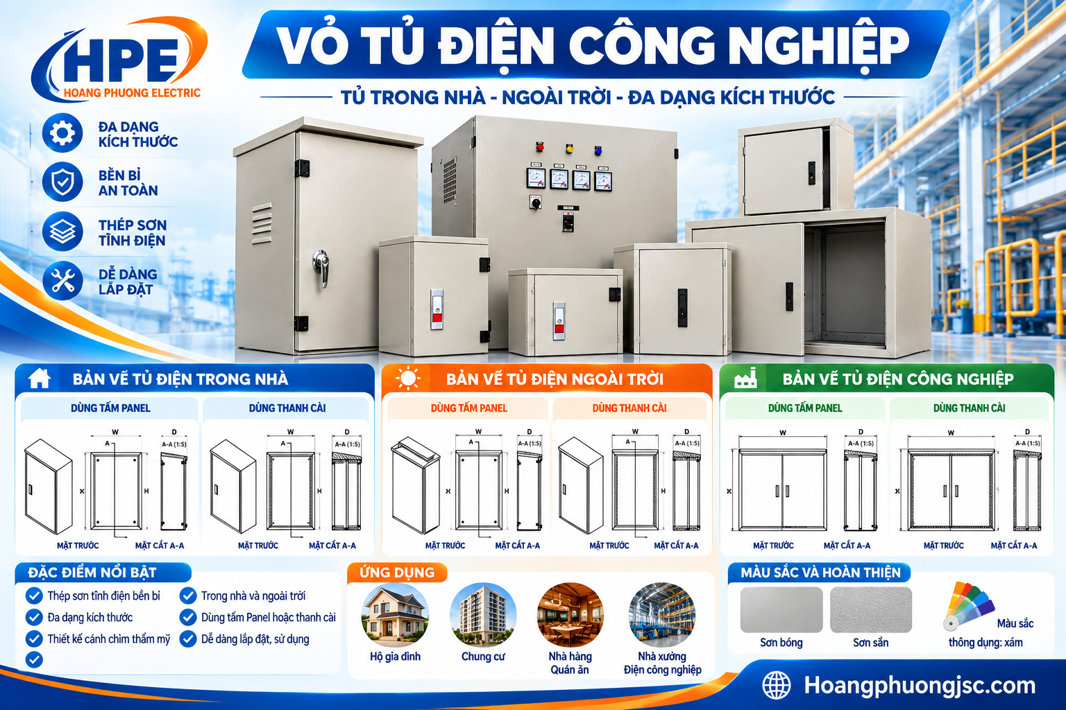 Vỏ tủ điện công nghiệp đa dạng kích thước, dùng trong nhà và ngoài trời. Kết cấu chắc chắn, phù hợp lắp thiết bị điện và điều khiển.